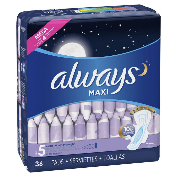 Always Maxi Extra Heavy Overnight Pads - Size 5 - 36ct