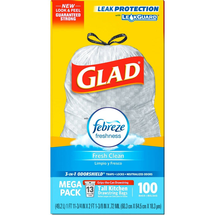 Glad Tall Kitchen Drawstring Trash Bags - OdorShield 13 Gallon Grey Trash Bag - Febreze Fresh Clean - 100ct