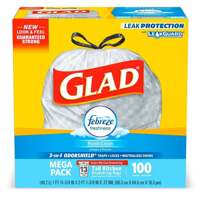 Glad Tall Kitchen Drawstring Trash Bags - OdorShield 13 Gallon Grey Trash Bag - Febreze Fresh Clean - 100ct