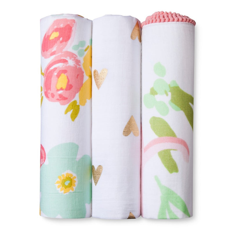Muslin Swaddle Blankets Floral 3pk - Cloud Island& Pink