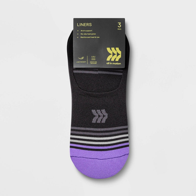 Women's Lightweight Striped 3pk Liner Athletic Socks - All in Motion& - Black 4-10
