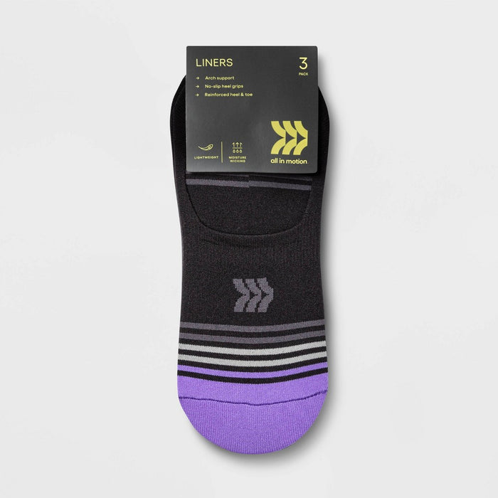 Women's Lightweight Striped 3pk Liner Athletic Socks - All in Motion& - Black 4-10