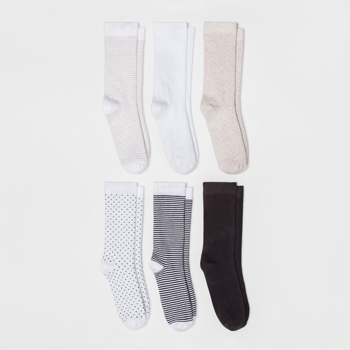 Women's Multipattern 6pk Crew Socks - A New Day White One Size