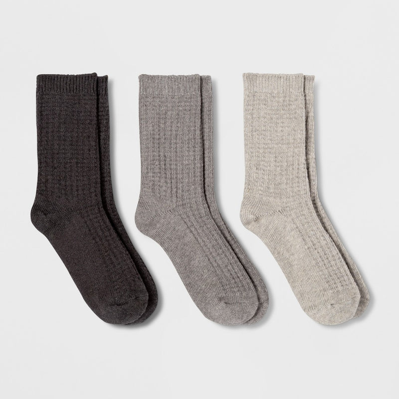 Women's Waffle 3pk Crew Socks - Universal Thread& Black/Heather Gray /Gray One Size