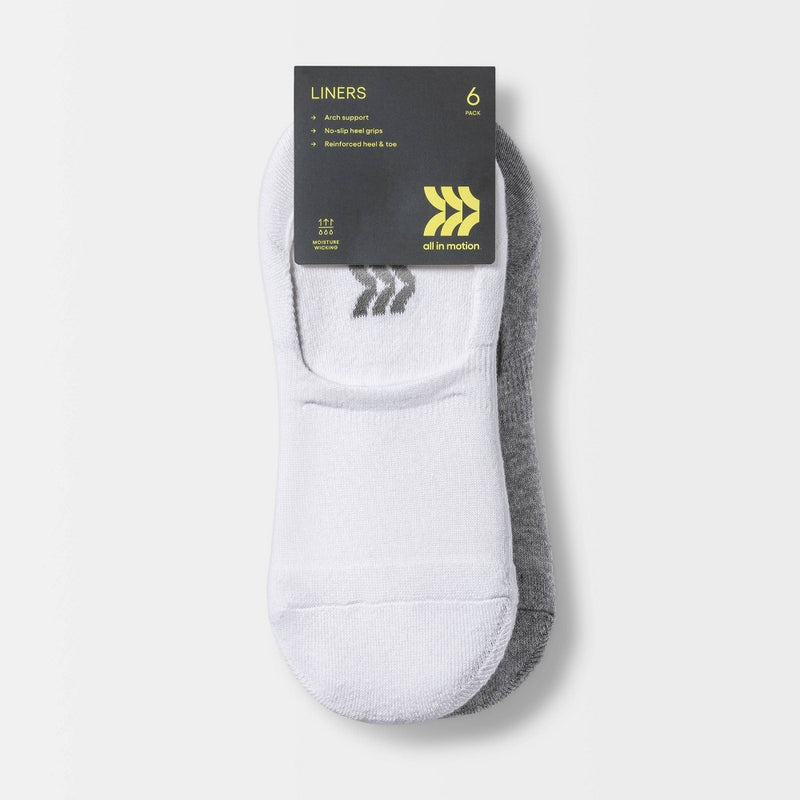 Women's Cushioned 6pk Liner Athletic Socks - All in Motion& - White/Heather Gray/Black 4-10