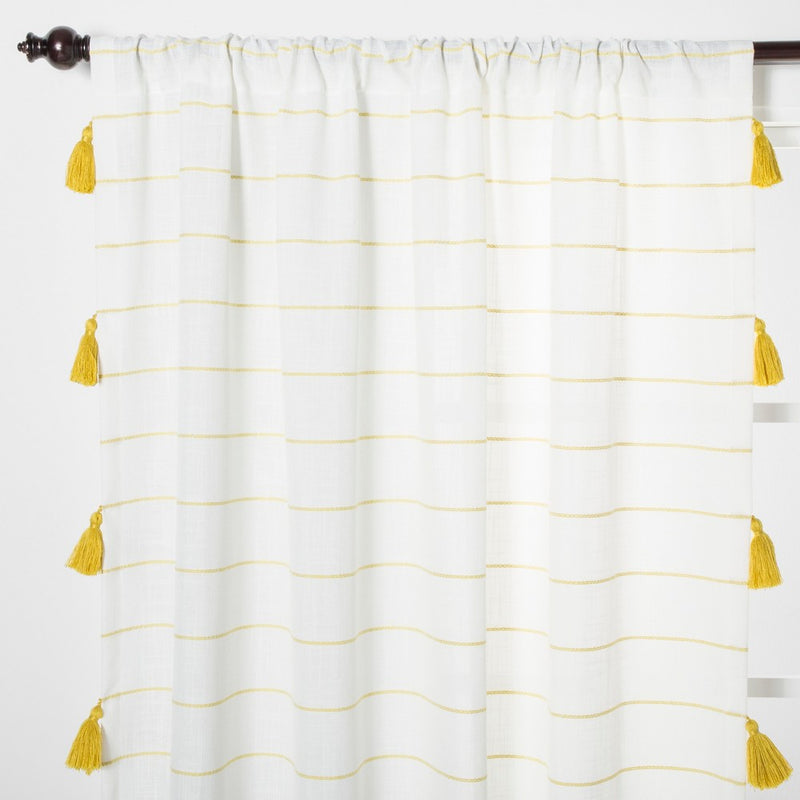 63"x54" Contrast Stripe Light Filtering Curtain Panels with Tassel Yellow/White - Opalhouse&