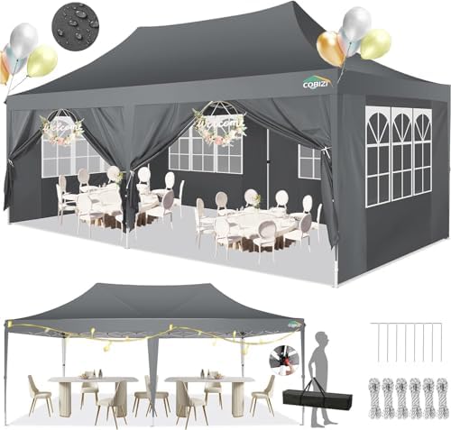 COBIZI 10X20 Pop Up Canopy With 6 Sidewalls,10X20 Canopy Tent Frame Upgraded With 3 Adjustable Heights,Waterproof UV50+ Outdoor Party Commercial Ez Up Gazebos With Carry Bag(10 X 20 Ft Gray) (LOCAL PICKUP ONLY)