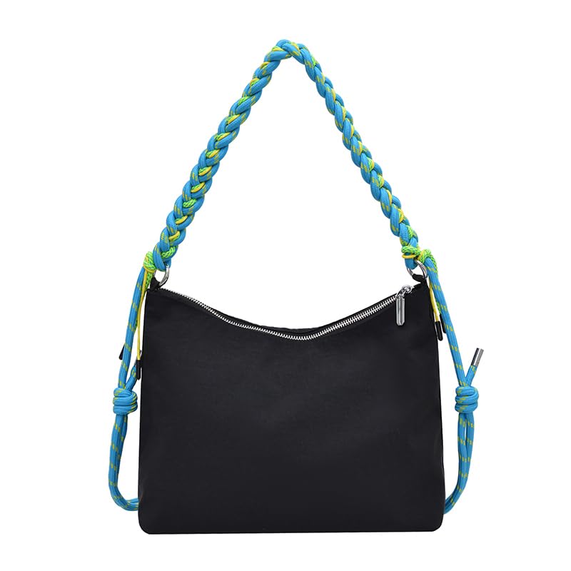 Nylon Hobo Shoulder Crossbody Tote Lightweight Large Capacity Braided Rope Strap Aesthetic Commuter Bag Women Daily Travel (Black)