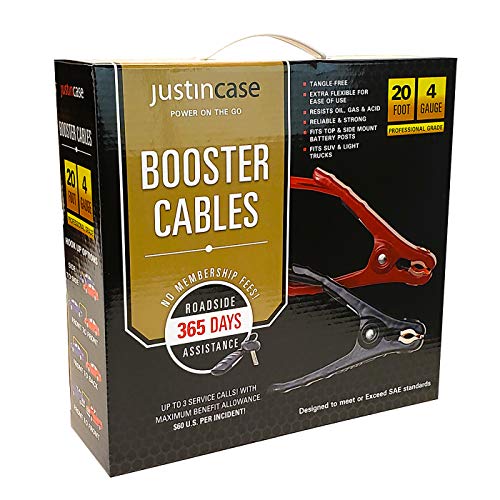 Justin Case Jumper Cables 4 Gauge 20 Feet with 365 days of Roadside Assistance – Professional Grade Car Emergency Booster Cables SAE