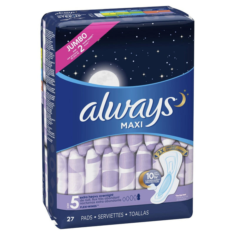 Always Maxi Extra Heavy Overnight Pads With Wings - Size 5 - 27ct