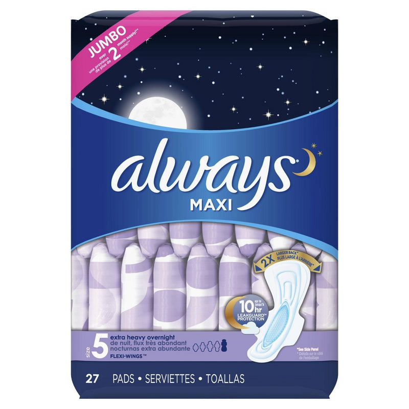 Always Maxi Extra Heavy Overnight Pads With Wings - Size 5 - 27ct