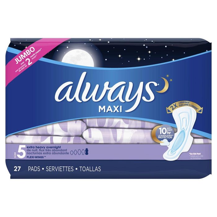 Always Maxi Extra Heavy Overnight Pads With Wings - Size 5 - 27ct
