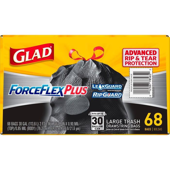 Glad Large Drawstring Trash Bags - ForceFlexPlus 30 Gallon Black Trash Bag - 68ct