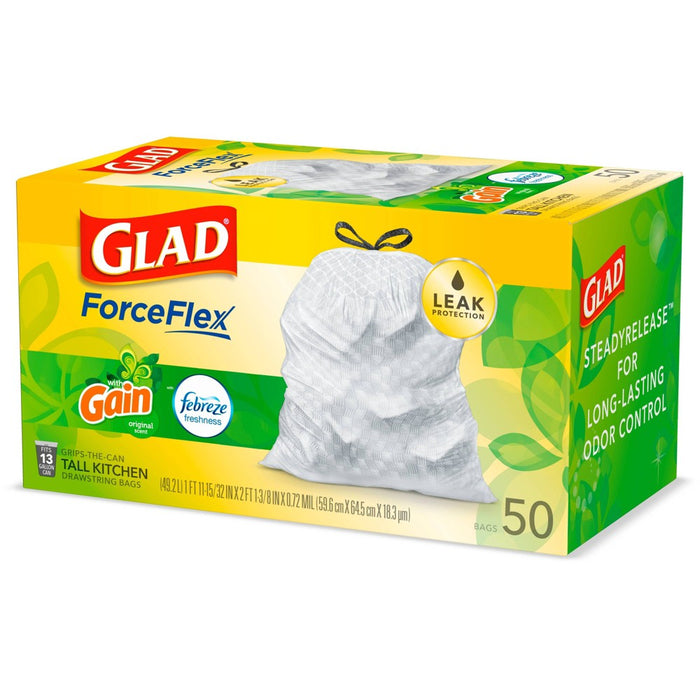 Glad Tall Kitchen Drawstring Trash Bags - OdorShield 13 Gallon - Gain Original with Febreze Freshness - 50 ct