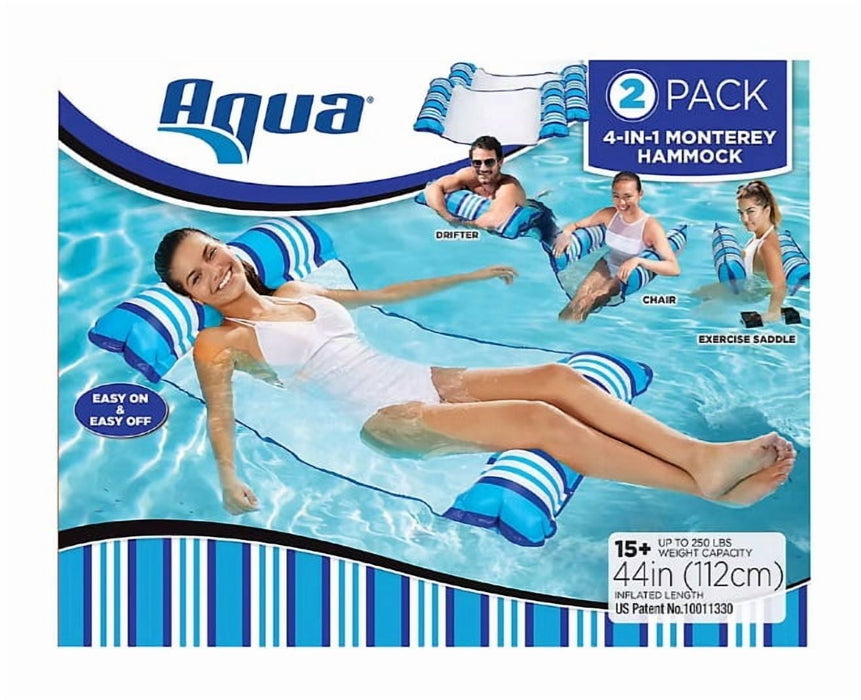 44 Inch Aqua Leisure 4 In 1 Blue & White Montgomery Hammock Swimming Pool Float - Lounge, Chair, Drifter and Exercise Saddle