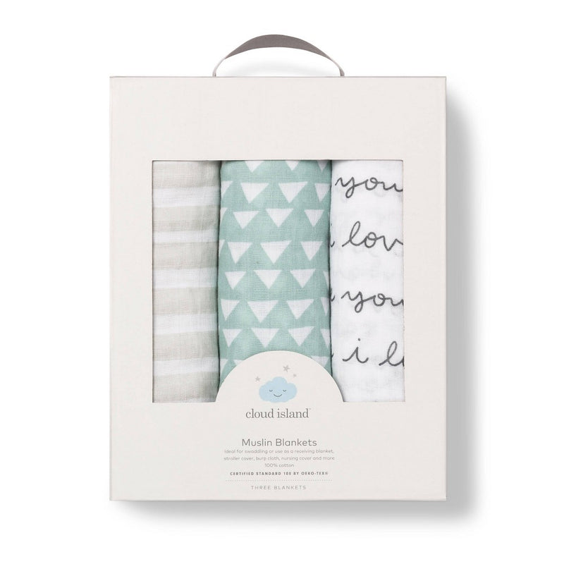 Muslin Swaddle Blanket I Love You 3pk - Cloud Island& Black/White
