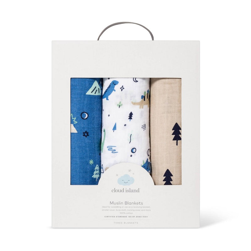 Muslin Swaddle Blanket Dinos Cool 3pk - Cloud Island& Green/Blue
