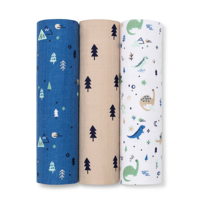 Muslin Swaddle Blanket Dinos Cool 3pk - Cloud Island& Green/Blue