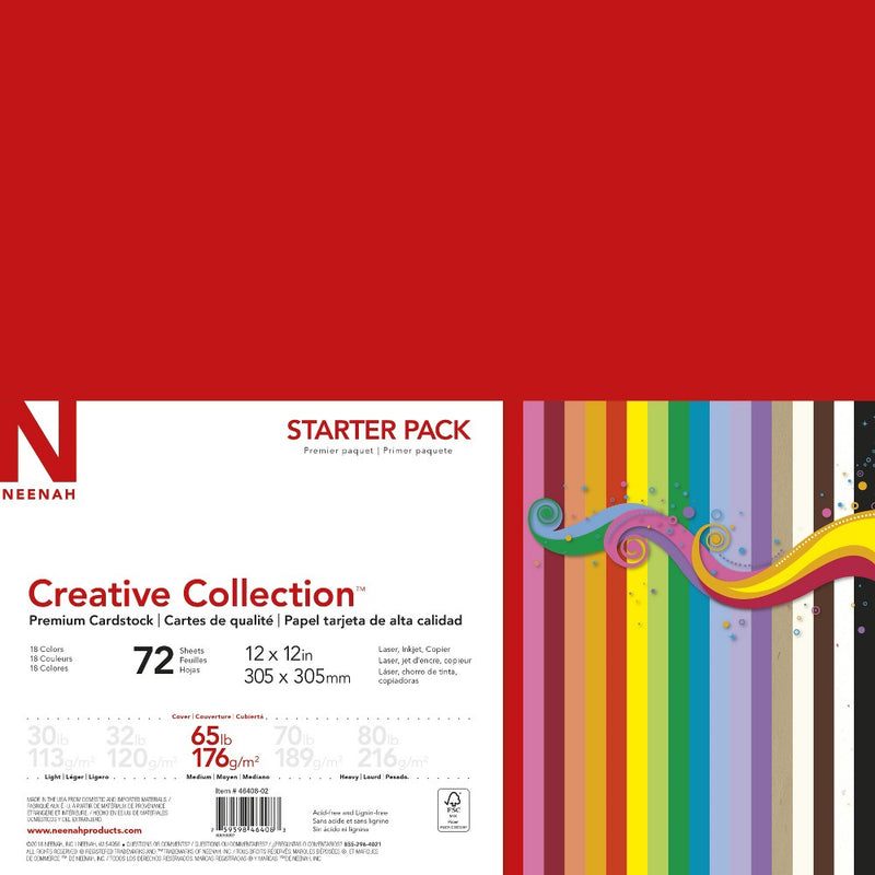 Neenah Creative Collection Specialty Cardstock Starter Kit, 12" x 12", 65lb., 18-Color Assortment, 72 Sheets