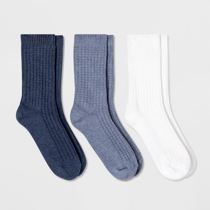 Women's 3pk Waffle Crew Socks - Universal Thread& Blue/White One Size