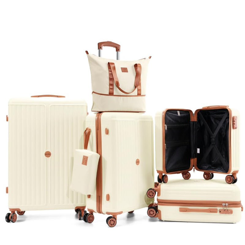 Hoteel Luggage Set 6 Piece, 4-Year Warranty, PC+ABS Suitcases With Wheels Hard Shell Suitcase With TSA Lock, Including Waterproof Luggage Bag, Travel Maletas For Men And Women, Beige(16/20/24/28Inch) (LOCAL PICKUP ONLY)