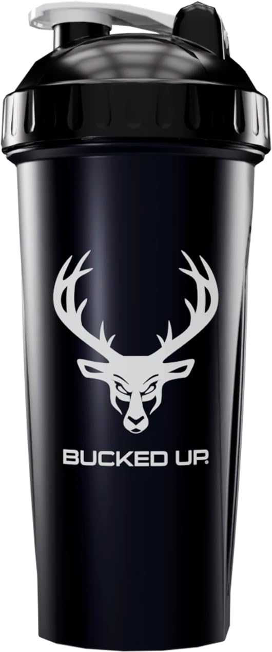 Bucked Up Perfect Shaker Bottle, 28Oz, BPA-Free, Dishwasher Safe, Leak-Proof, Black Bottle With White Buck Logo