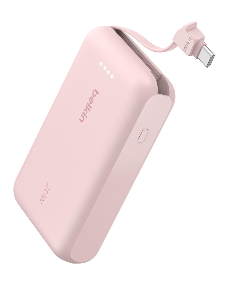 Belkin Portable Charger Power Bank USB C, 10000 Mah W/Integrated Cable, 20W Fast Charge USB-C Power Delivery, Iphone Charger, Apple Iphone 17, Air, Pro, Pro Max, Ipad, Samsung Galaxy S25 - Pink