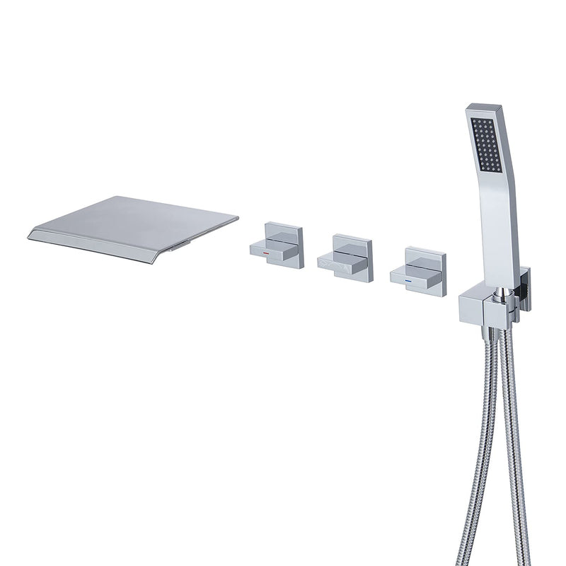Qinkell Tub Faucet Waterfall Bathtub Faucet 3 Handle Wall Mount Tub Faucet Roman Tub Filler Brass Bathroom Faucets With Hand Shower (Polished Chrome)