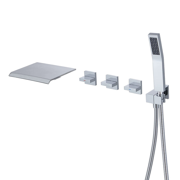 Qinkell Tub Faucet Waterfall Bathtub Faucet 3 Handle Wall Mount Tub Faucet Roman Tub Filler Brass Bathroom Faucets With Hand Shower (Polished Chrome)