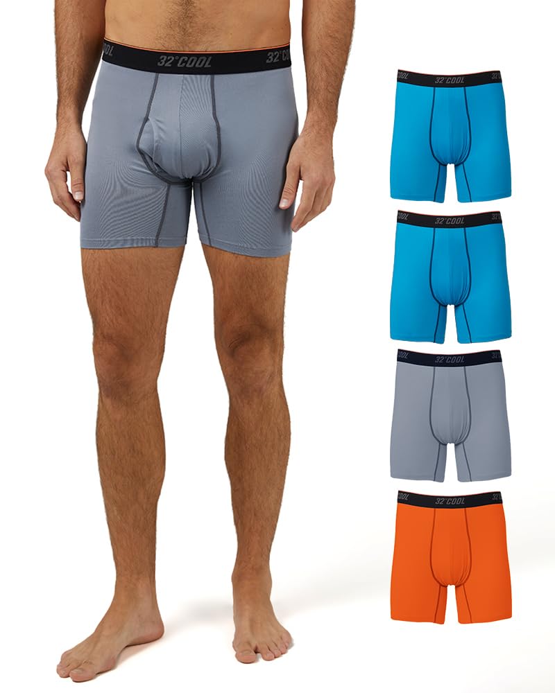 32 Degrees Men's 4 Pack Cool Active Boxer Brief, Anti-Odor, Quick Drying, 4-Way Stretch, Emotion Blue/Neon Blue/Team Orange/Cool Grey, X-Large