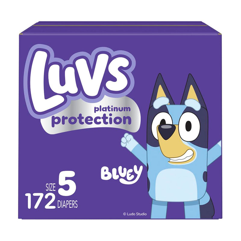 Luvs Size 5 Baby Diapers, Platinum Protection Bluey Diapers For Day & Night,Size 5 (27+ Lb), 172 Count