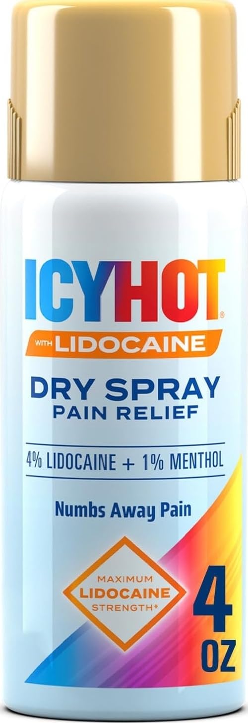 Icy Hot Lidocaine Pain Relief Dry Spray, Numb Aggravated Nerves With Max Strength Lidocaine 4% And Menthol 1%, Fast-Acting Pain Relief For Minor Pain, Backaches, Sprains And Strains, 4 Oz