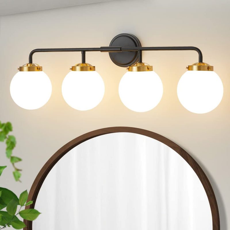 Deyidn Black Gold Bathroom Light Fixtures Above Mirror, Modern Vanity Lighting With White Glass Globe Shade 4-Light Farmhouse Wall Sconce (LOCAL PICKUP ONLY)