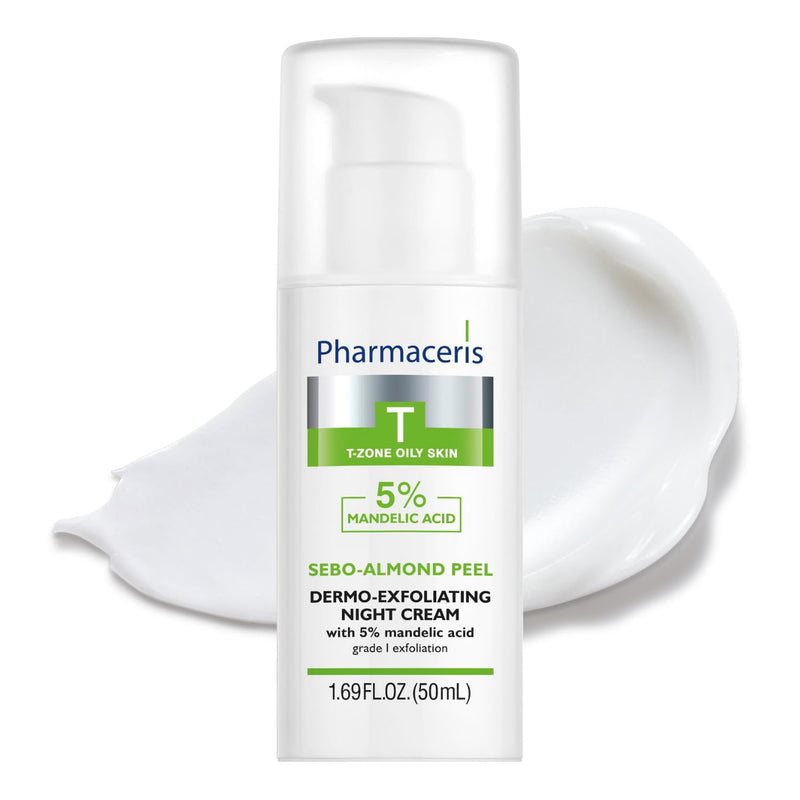 Pharmaceris Exfoliating Night Cream 5% Mandelic Acid - Gently Exfoliates, Face Cream, AHA Helps Refine Pores, Reduce Sebum & Post-Acne Marks, For Oily & Combination Skin, SEBO-ALMOND PEEL, 1.69 Fl Oz