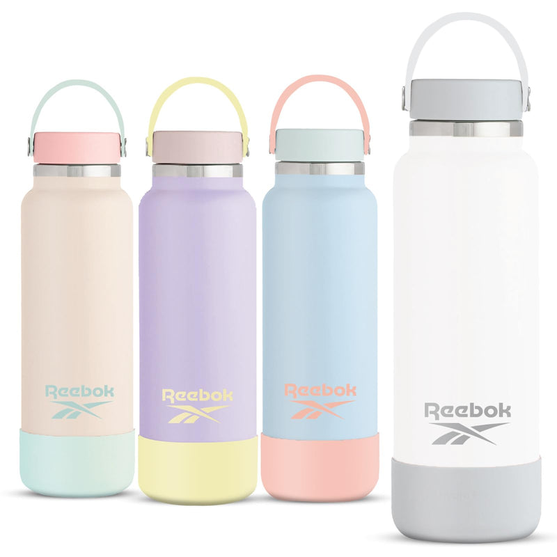 Reebok Stainless Steel Wide Mouth Water Bottle With Flex Cap For Outdoor - 32 Oz - Double Wall Vacuum Insulated Sports Water Bottle With Silicone Sleeves, BPA Free (White)