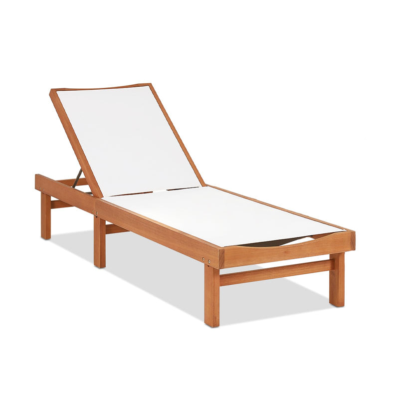 COSTWAY Patio Wood Chaise Lounge Chair, Strong Eucalyptus Wood Frame, 5-Position Adjustable Outdoor Recliner With White Mesh (1) (LOCAL PICKUP ONLY)