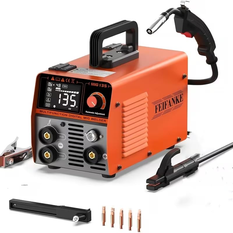 FEIFANKE MIG Welder 110V Full Kit, 135A Synergy Flux Core MIG Welder With Gasless MIG/Lift TIG/ARC, Compact LED Digital Display Welding Machine For Beginner
