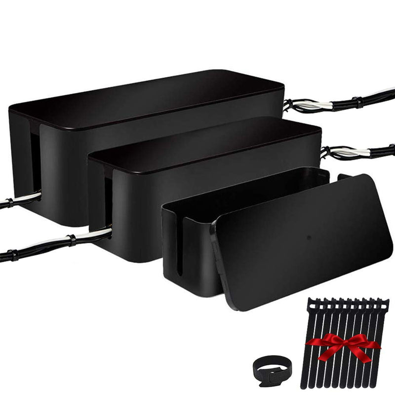 [Set Of Three] Cable Management Boxes Organizer, Large Storage Wires Keeper Holder For Desk, TV, Computer, USB Hub, System To Cover And Hide & Power Strips & Cords (Black)