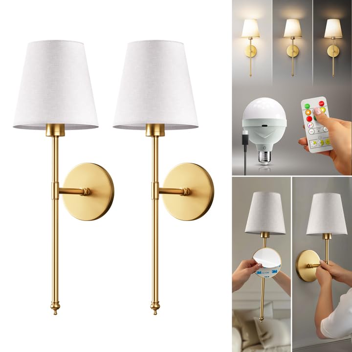 PRIDOLA Set Of 2 Wireless Wall Sconces – Stick-On Or Screw Mount - Rechargeable LED Bulbs, Remote Controlled, Adjustable Brightness & Warmth, Easy Installation, Living Room Wall Decor (Gold)