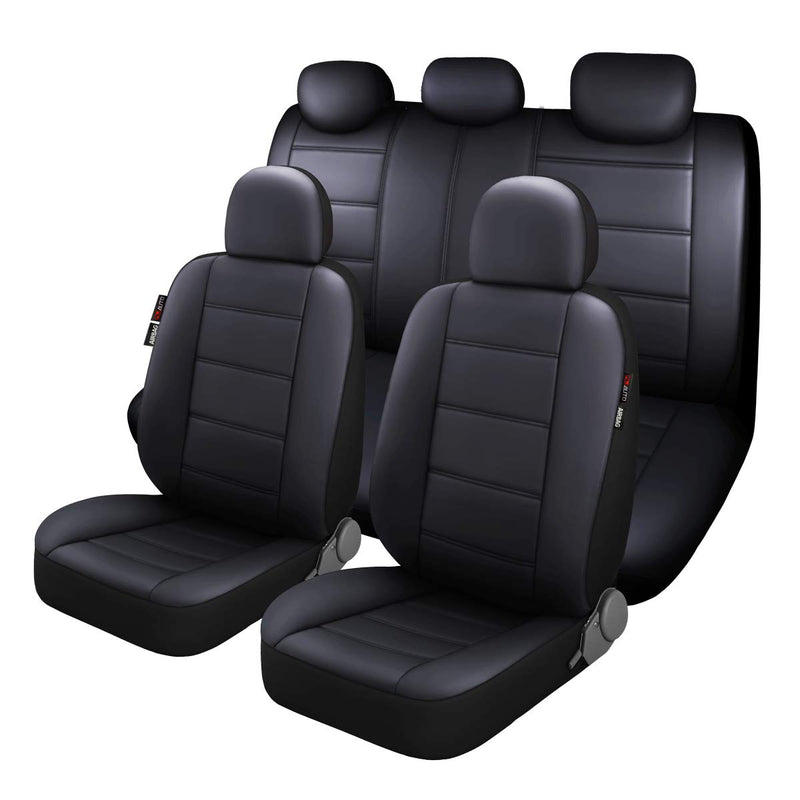 P&J AUTO Premium PU Leather Car Seat Cover Full Set In 11Pcs Universal Fit For Most Cars Suvs Trucks Vans Airbag Compatible Black