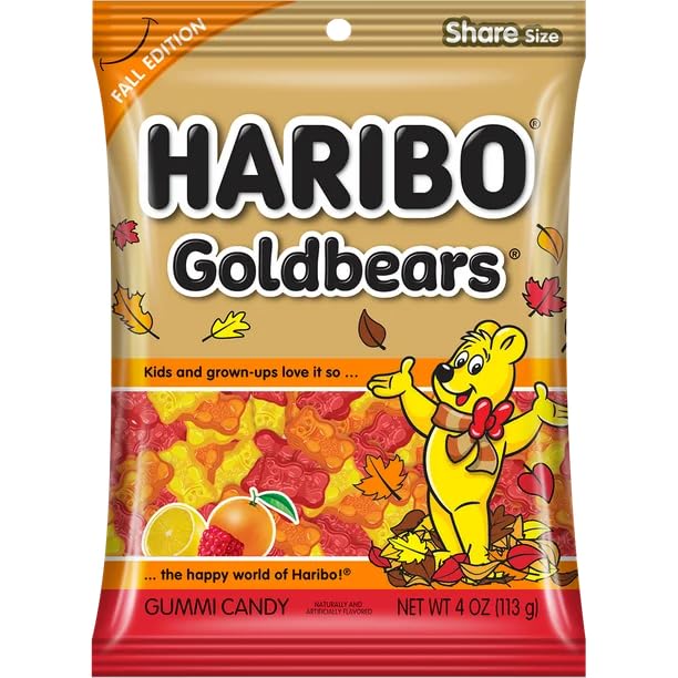 Haribo Fall Edition Goldbears, Assorted Fruit Flavored Gummy Bears, Halloween Candy Bowl Filler Treats, 4 Ounces (Pack Of 3)