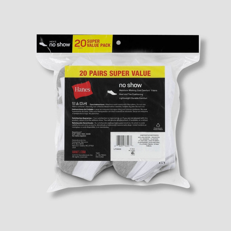 Hanes Men's No Show Super Value Socks 20pk - White/Gray 6-12