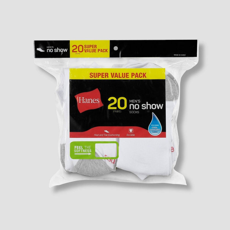 Hanes Men's No Show Super Value Socks 20pk - White/Gray 6-12