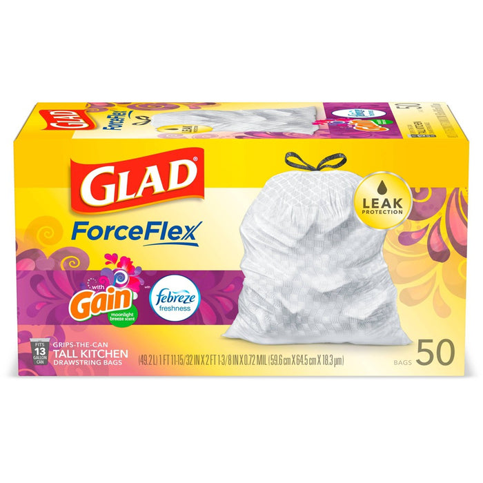 Glad ForceFlex + Tall Kitchen Drawstring White Trash Bags - Gain Moonlight Breeze Scent with Febreze Freshness - 13 Gallon - 50ct