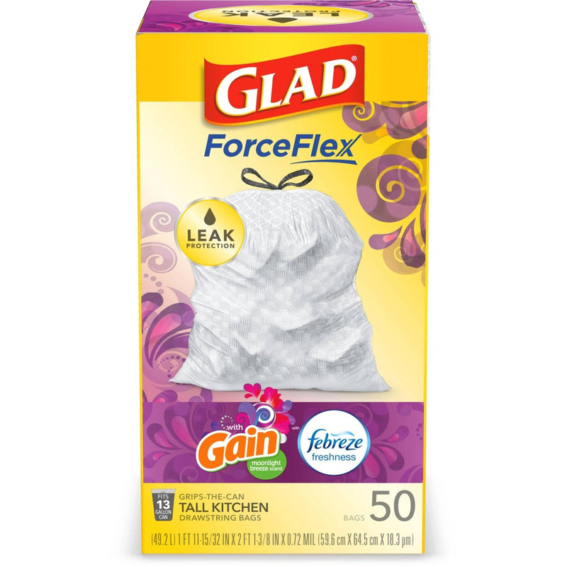Glad ForceFlex + Tall Kitchen Drawstring White Trash Bags - Gain Moonlight Breeze Scent with Febreze Freshness - 13 Gallon - 50ct