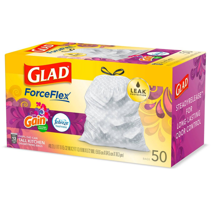 Glad ForceFlex + Tall Kitchen Drawstring White Trash Bags - Gain Moonlight Breeze Scent with Febreze Freshness - 13 Gallon - 50ct