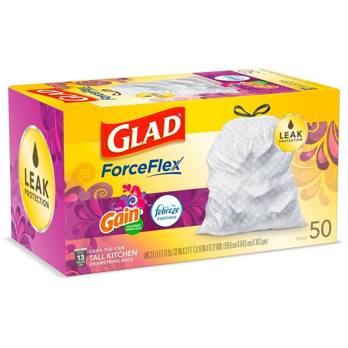 Glad ForceFlex + Tall Kitchen Drawstring White Trash Bags - Gain Moonlight Breeze Scent with Febreze Freshness - 13 Gallon - 50ct