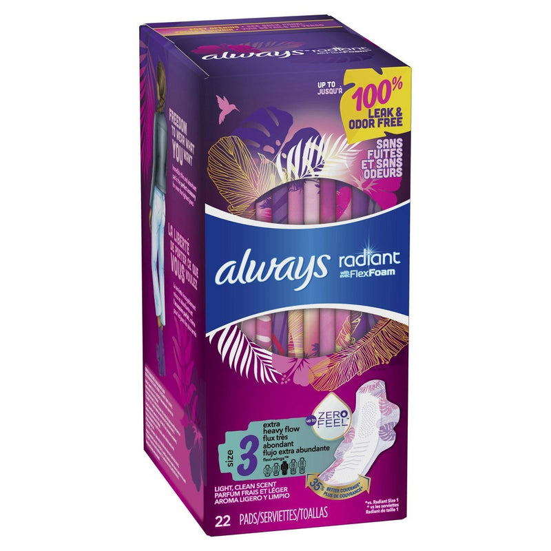 Always Radiant Extra Heavy Flow Absorbency With Flex Foam Pads - Scented - Size 3 - 22ct