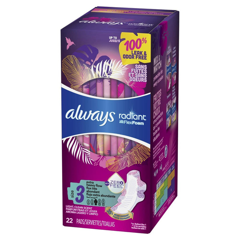 Always Radiant Extra Heavy Flow Absorbency With Flex Foam Pads - Scented - Size 3 - 22ct