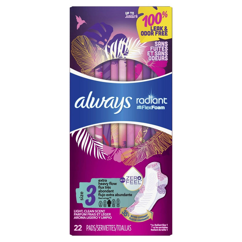 Always Radiant Extra Heavy Flow Absorbency With Flex Foam Pads - Scented - Size 3 - 22ct